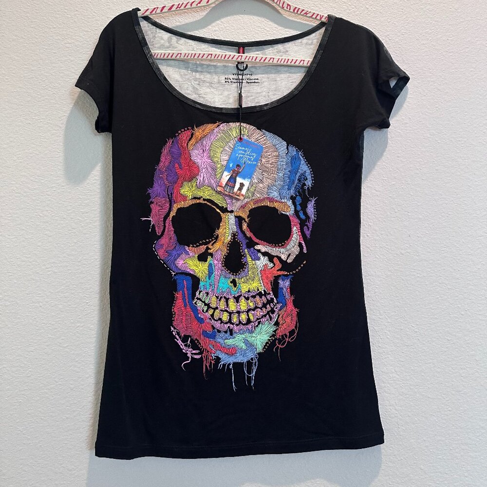 Ay Güey! Women's Black T-shirt with Colorful Skull (M)